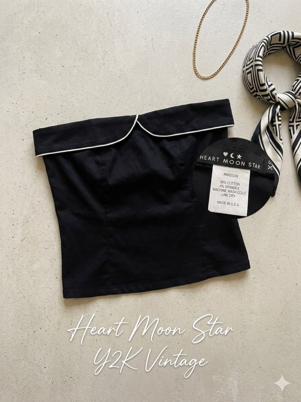 Heart Moon Star Black Spaghetti Strap Cami with White Piping